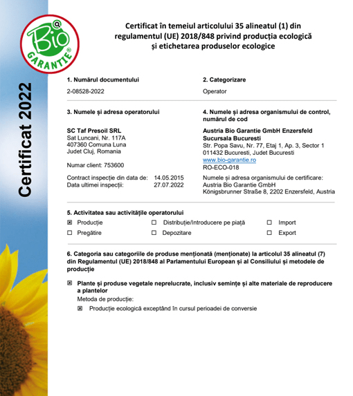Certificat BIO 2022